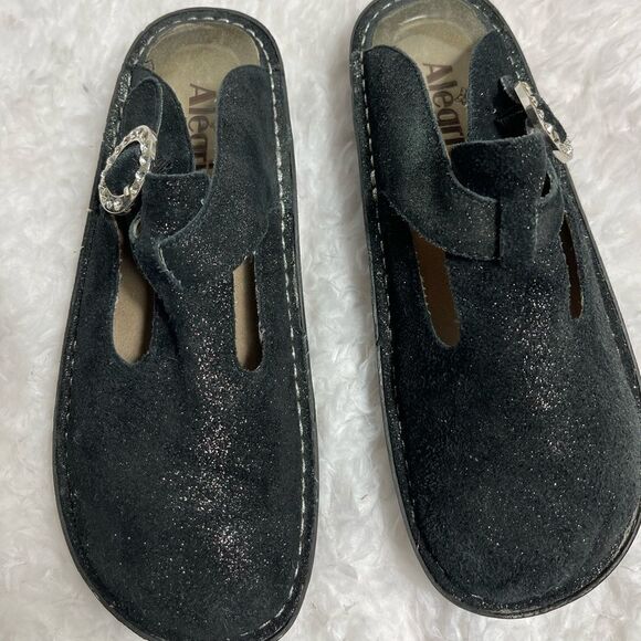Alegria Paloma leather black glittery suede mules with side buckle  SZ 37 - Picture 4 of 10